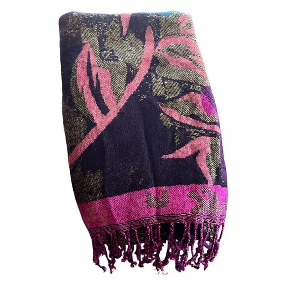 Large Black & Vibrant Jewel Toned Wrap Scarf Floral Patterned with Fringe - Picture 10 of 10